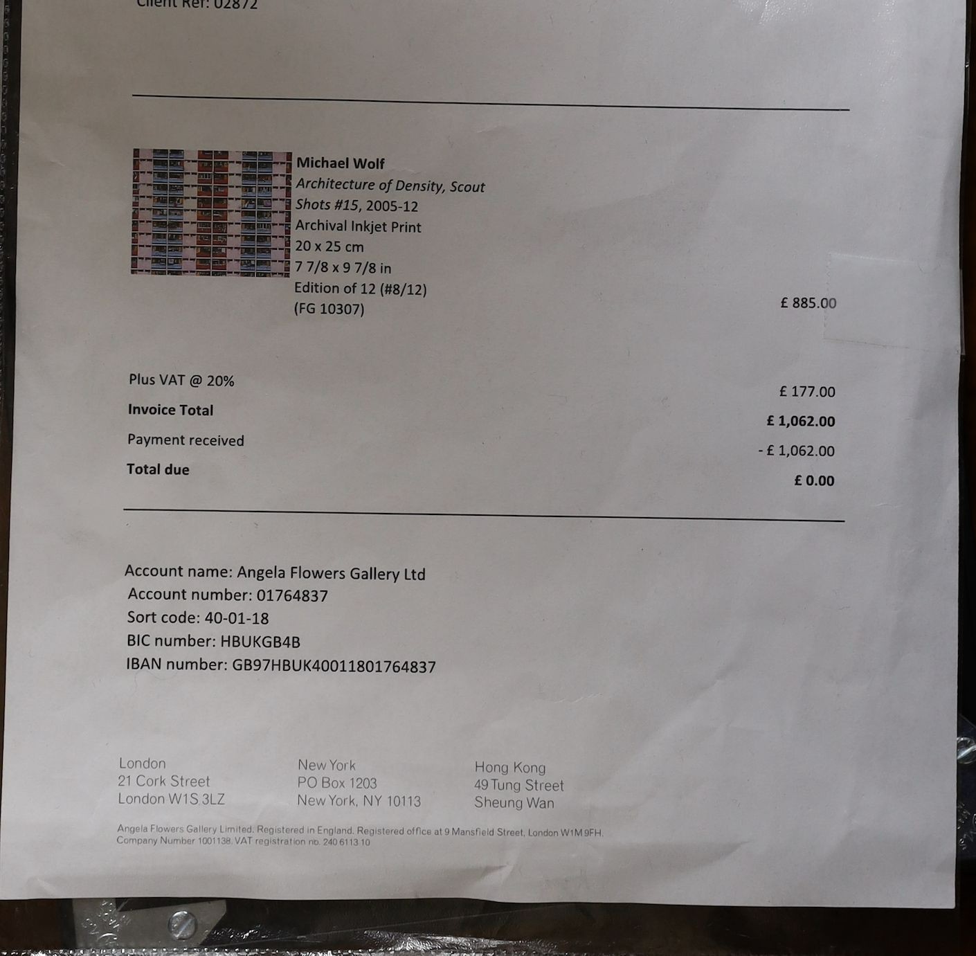 Michael Wolf (1954-2019), archival ink jet print, 'Architecture of Density, Scout Shots', edition of 12, 20 x 25cm, original receipt from Flowers of London